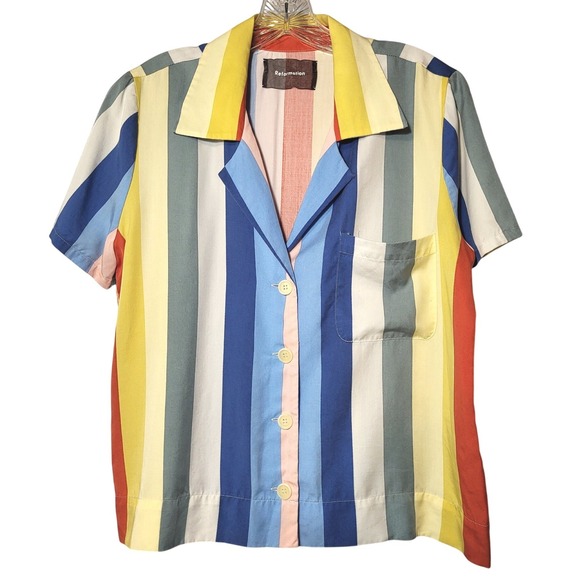 Reformation Tops - Reformation Womens Short Sleeve Camp Striped Button Down Shirt Multicolor Medium